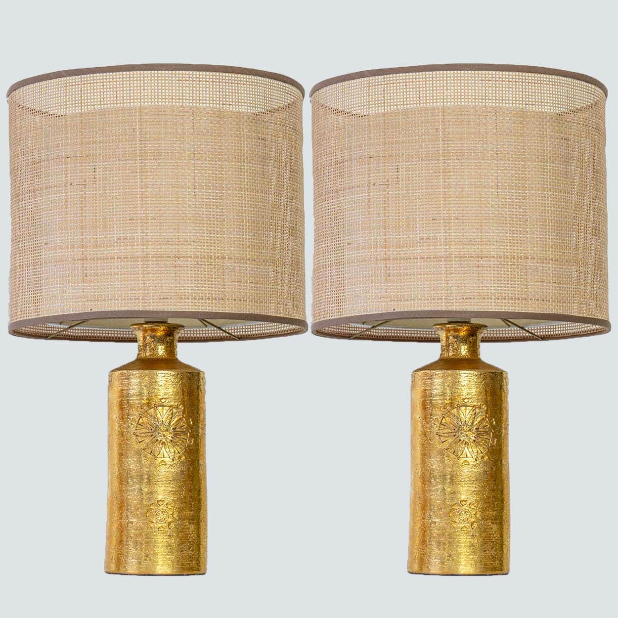 1 of the 2 Bitossi Gold Ceramic Lamps, Rattan Double Lampshade by R. Houben