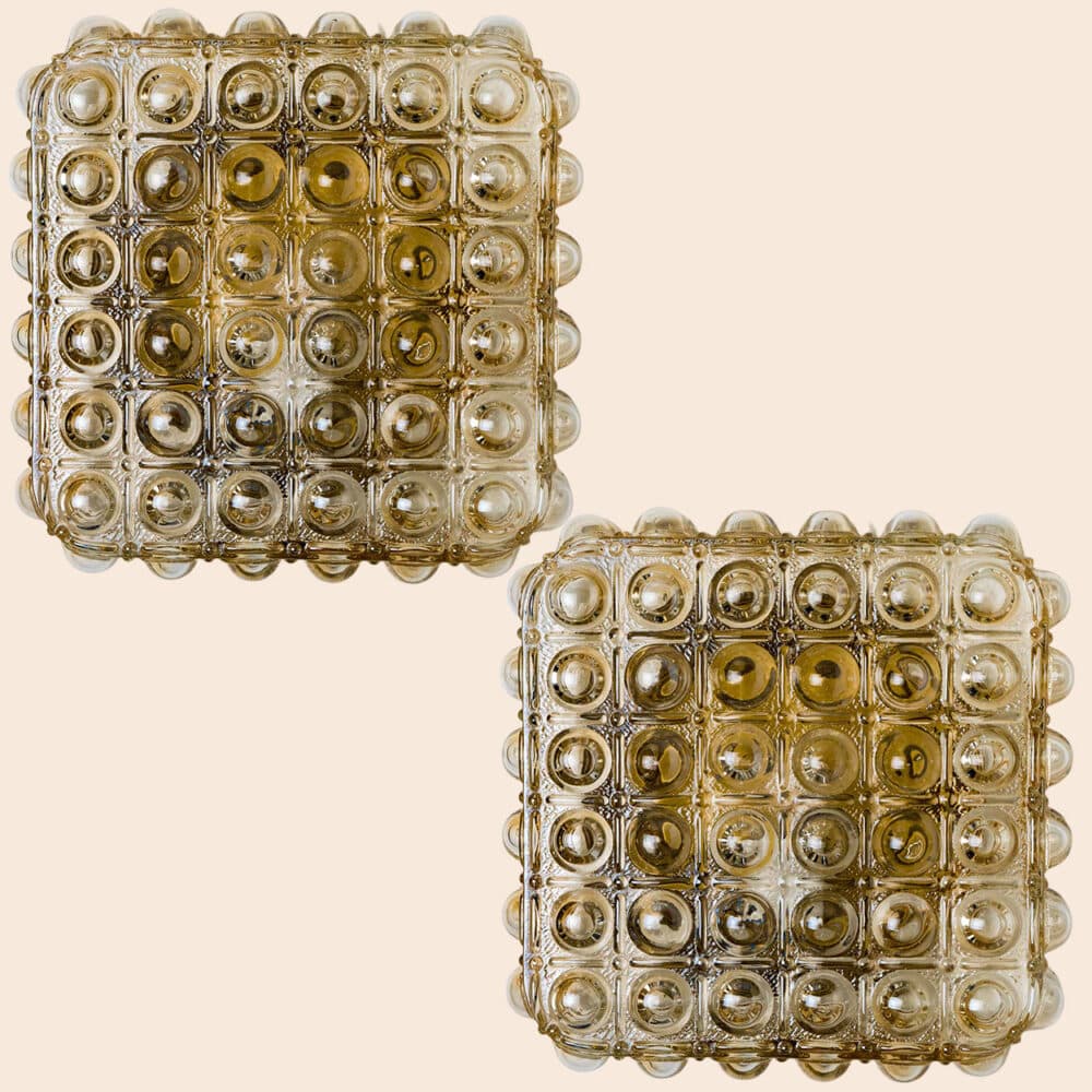 1 of the 2 Helena Tynell Brass and Clear Bubble Glass Flush Mounts, Germany 1960