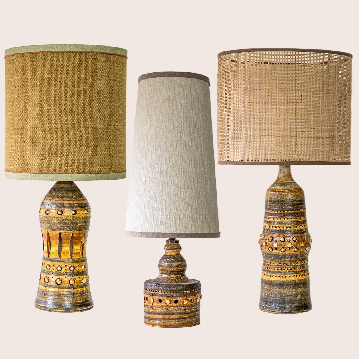 Set of 3 Georges Pelletier Ceramic Lamps, Custom Silk Shades by R. Houben