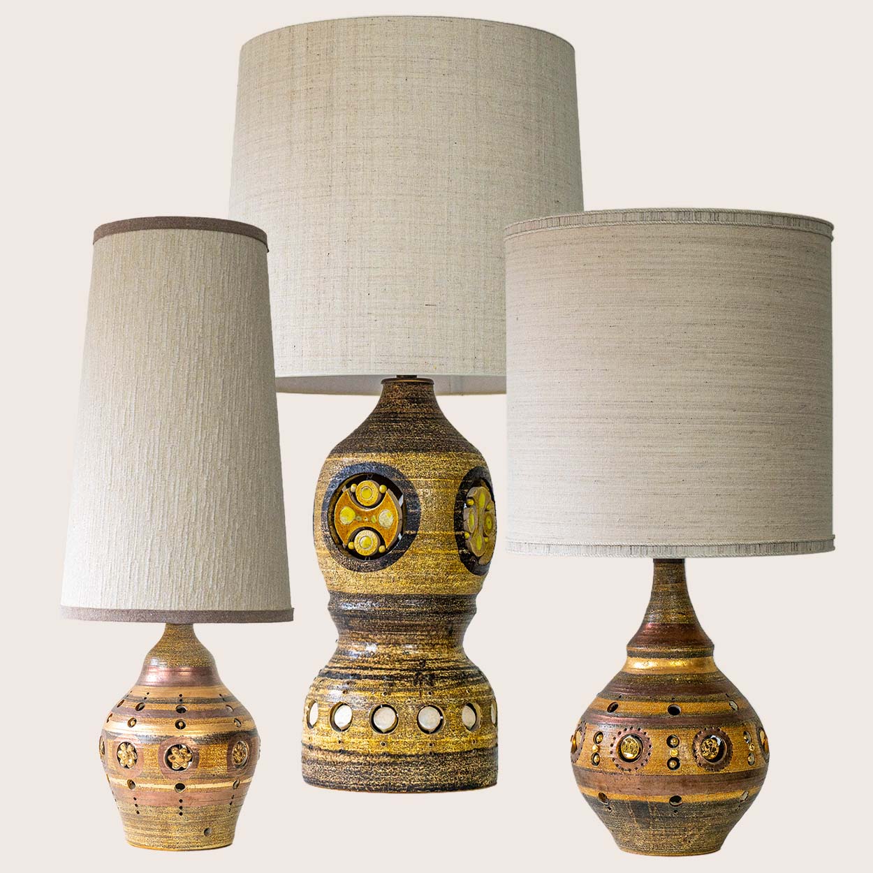 Set of 3 Georges Pelletier Ceramic Lamps, Custom Made Silk Shades by R. Houben