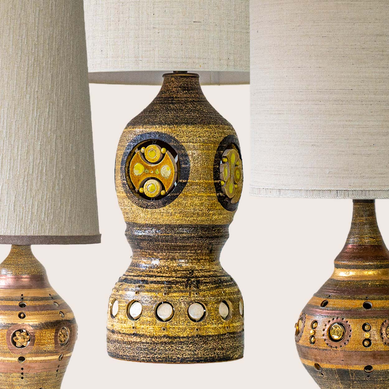 Set of 3 Georges Pelletier Ceramic Lamps, Custom Made Silk Shades by R. Houben