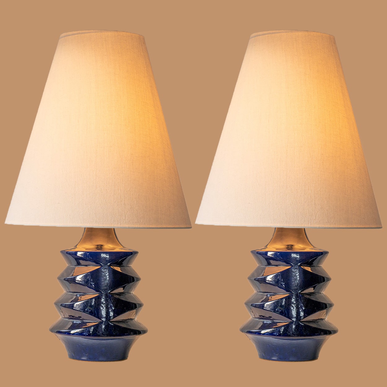 1 of the 2 Large Blue Glazed Ceramic Lamps, Custom Lampshade by R. Houben