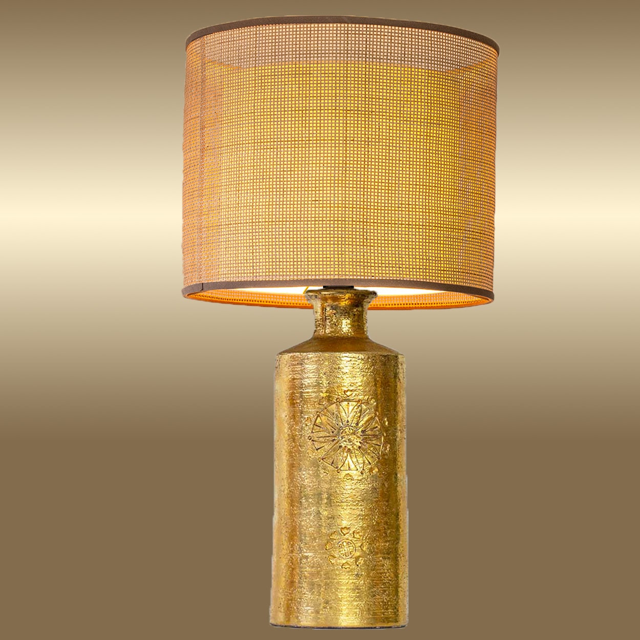 1 of the 2 Bitossi Gold Ceramic Lamps, Rattan Double Lampshade by R. Houben