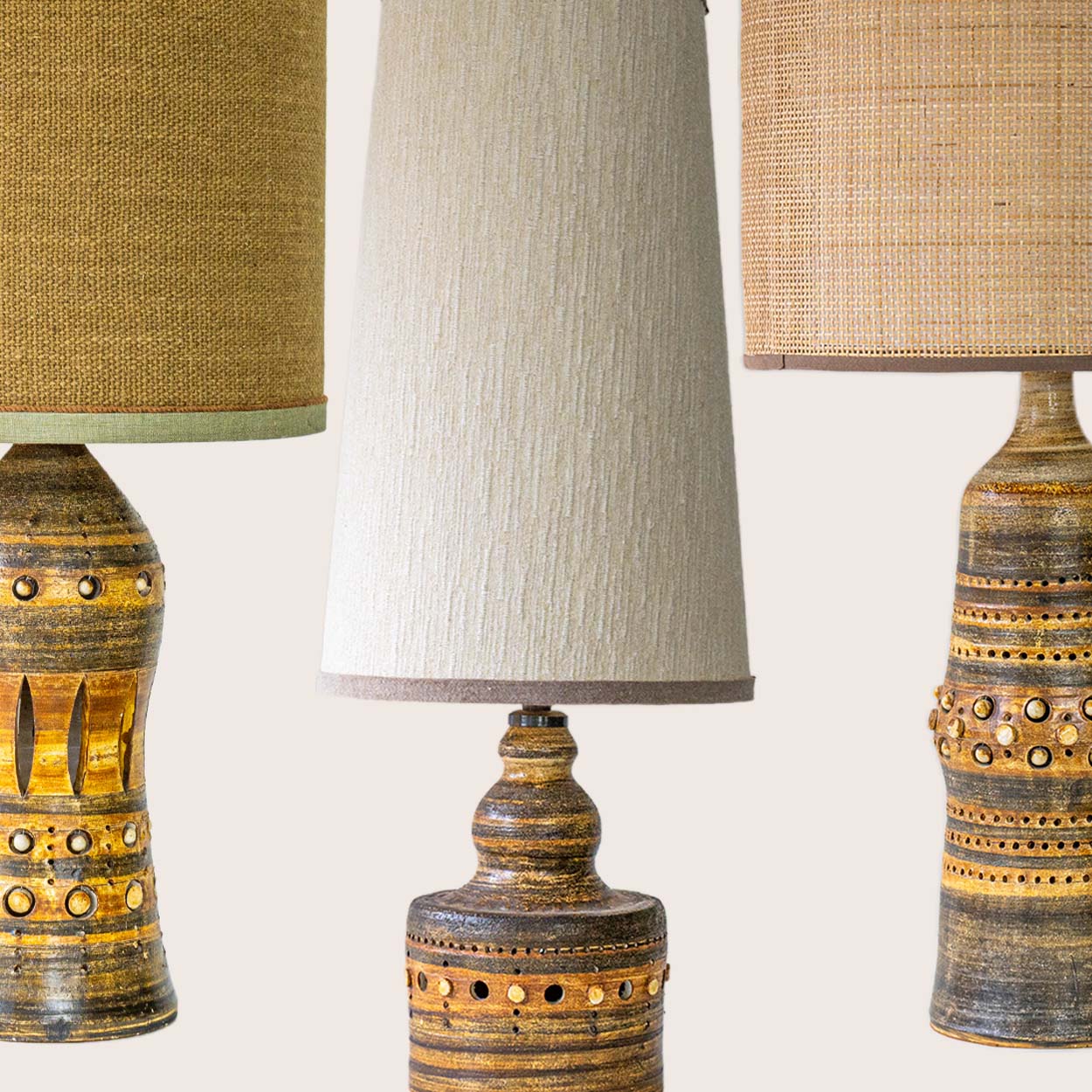 Set of 3 Georges Pelletier Ceramic Lamps, Custom Silk Shades by R. Houben
