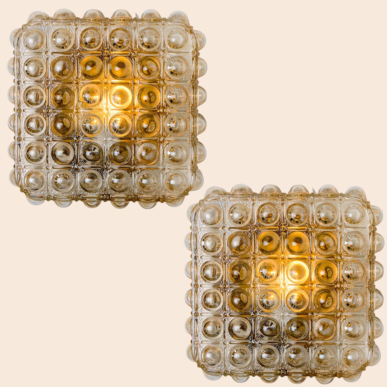 1 of the 2 Helena Tynell Brass and Clear Bubble Glass Flush Mounts, Germany 1960