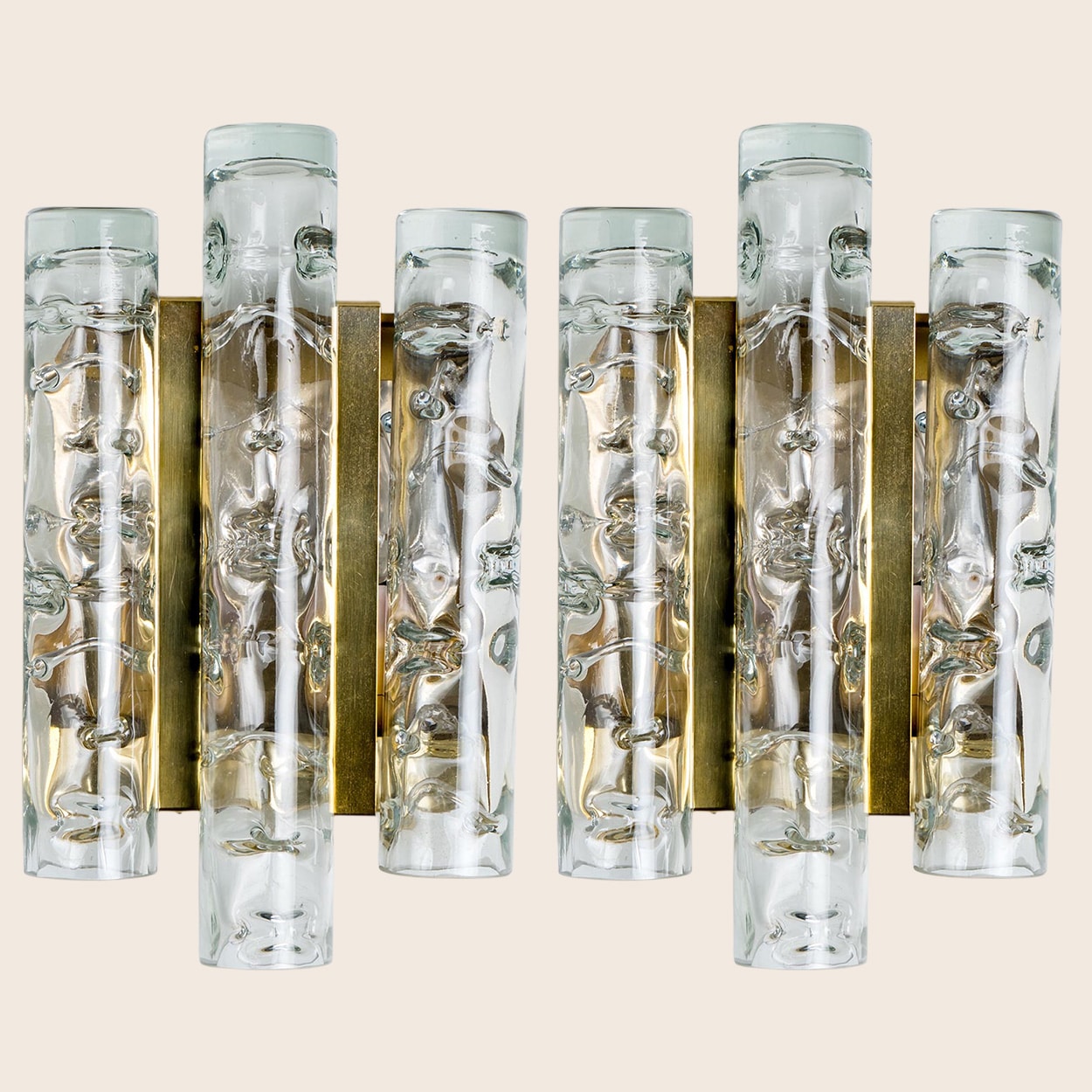 A pair of Textured Ice Glass Tubes and Brass Wall Sconce by Doria, 1970