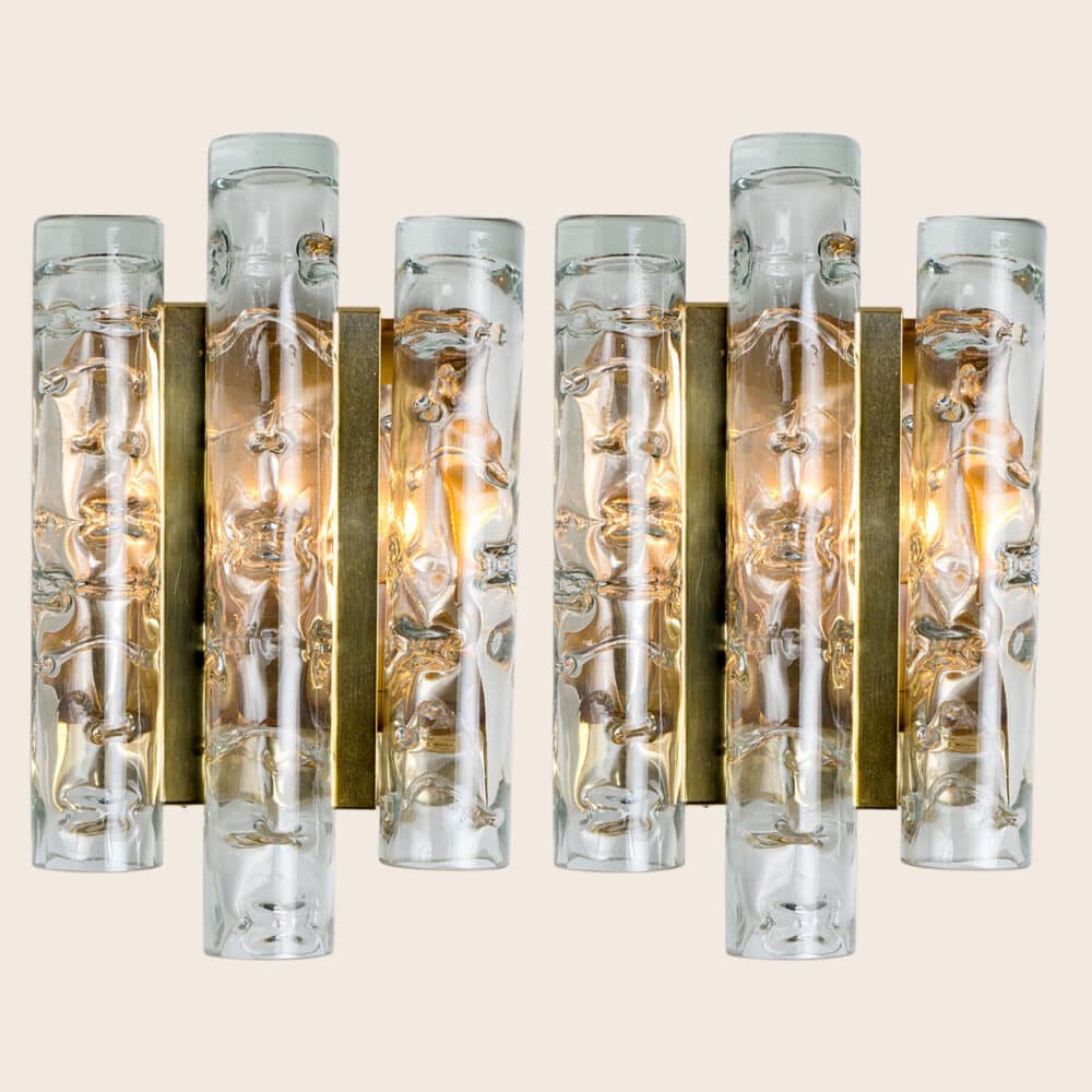 A pair of Textured Ice Glass Tubes and Brass Wall Sconce by Doria, 1970