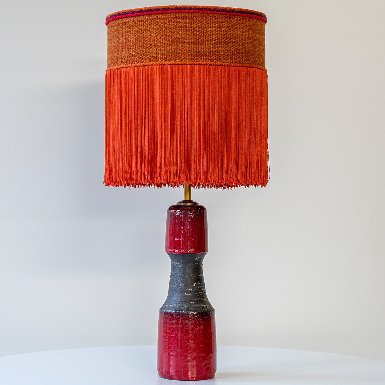 Red Black Ceramic Table Lamp, Custom Orange Lampshade by R. Houben