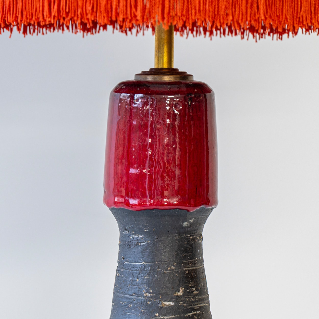 Red Black Ceramic Table Lamp, Custom Orange Lampshade by R. Houben