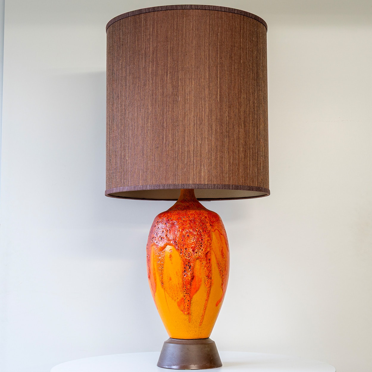 Orange Red Vulcanic Glazed Ceramic Floor Lamp, Brown Lampshade by R. Houben