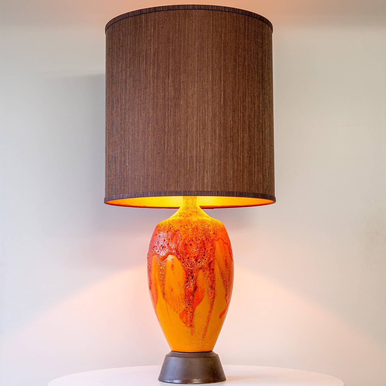 Orange Red Vulcanic Glazed Ceramic Floor Lamp, Brown Lampshade by R. Houben