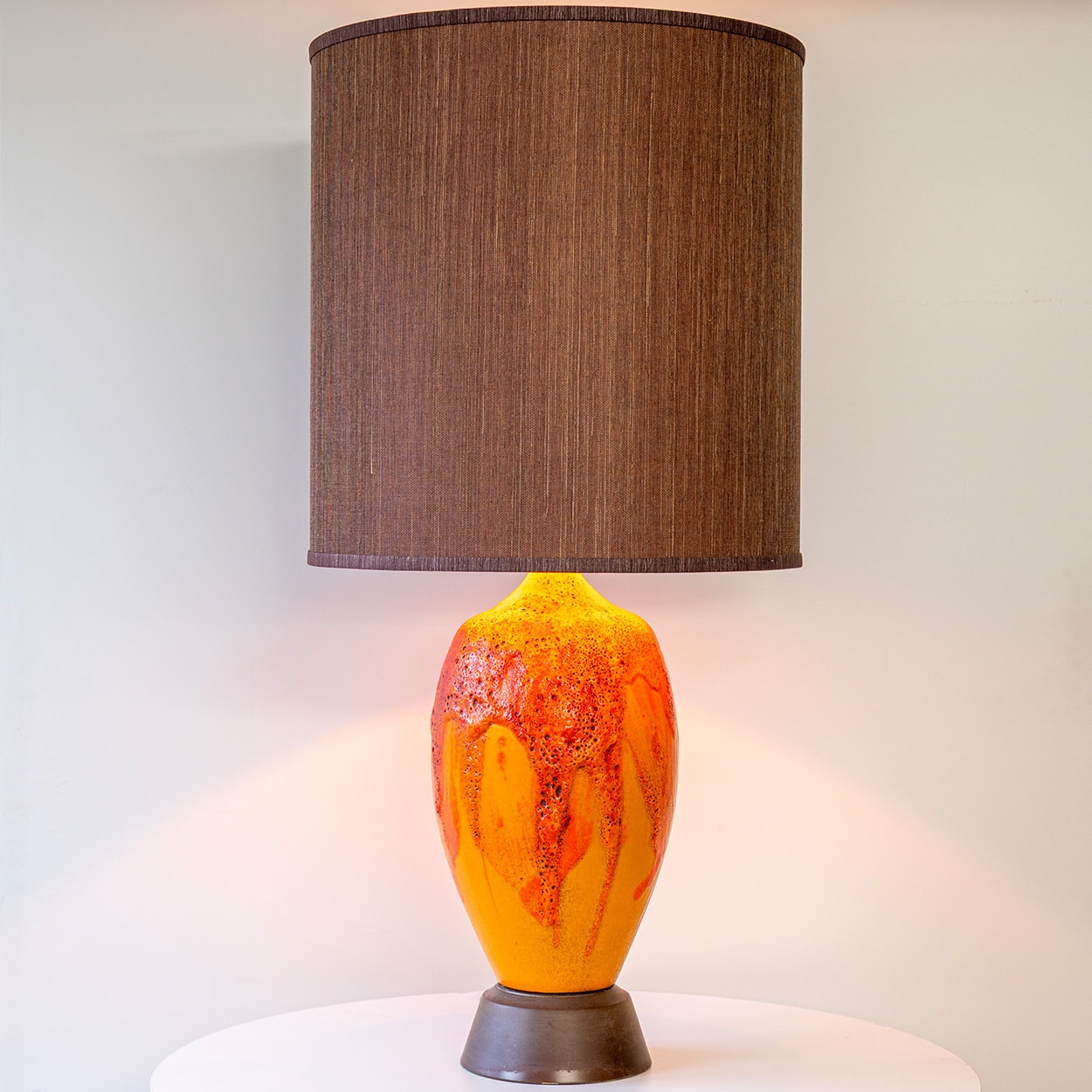 Orange Red Vulcanic Glazed Ceramic Floor Lamp, Brown Lampshade by R. Houben