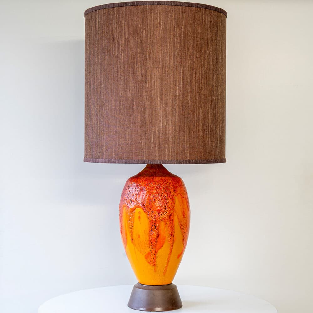 Orange Red Vulcanic Glazed Ceramic Floor Lamp, Brown Lampshade by R. Houben
