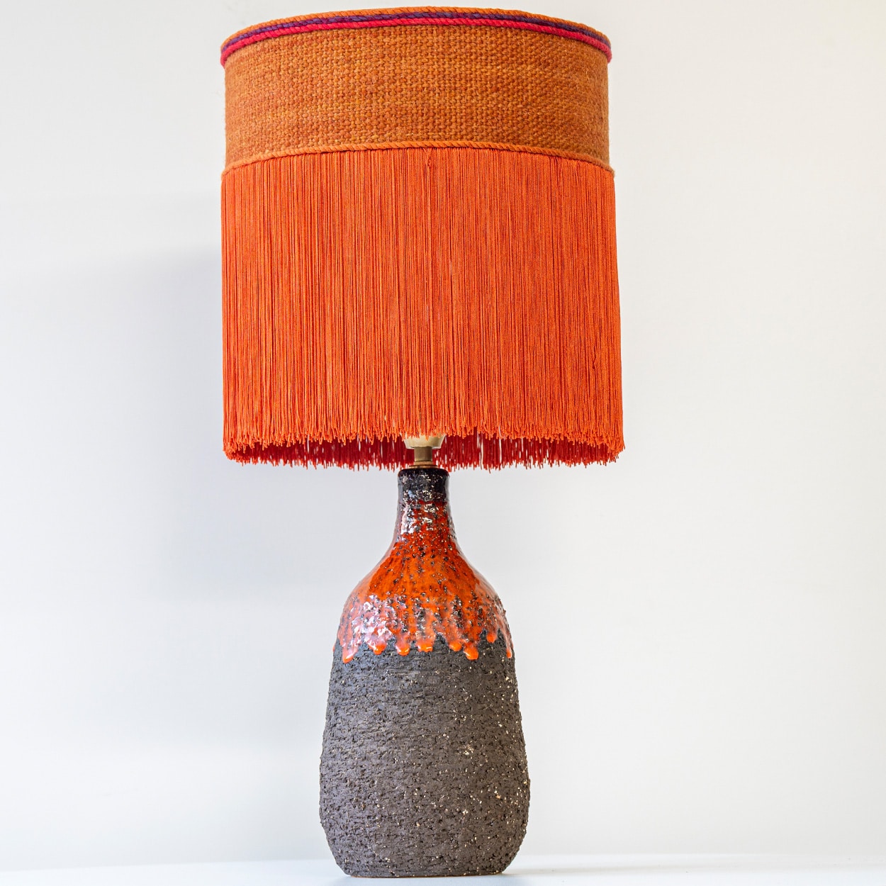Red Volcanic Ceramic Table Lamp, Custom Orange Lampshade by R. Houben