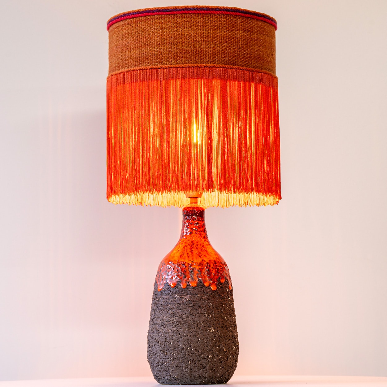 Red Volcanic Ceramic Table Lamp, Custom Orange Lampshade by R. Houben