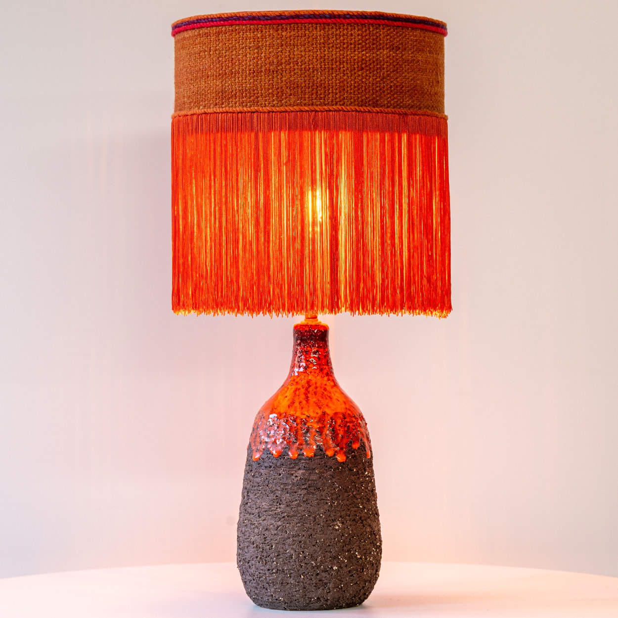 Red Volcanic Ceramic Table Lamp, Custom Orange Lampshade by R. Houben