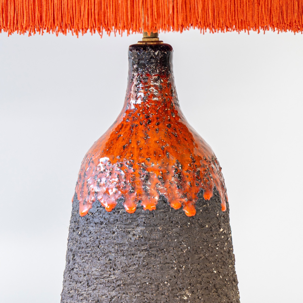 Red Volcanic Ceramic Table Lamp, Custom Orange Lampshade by R. Houben