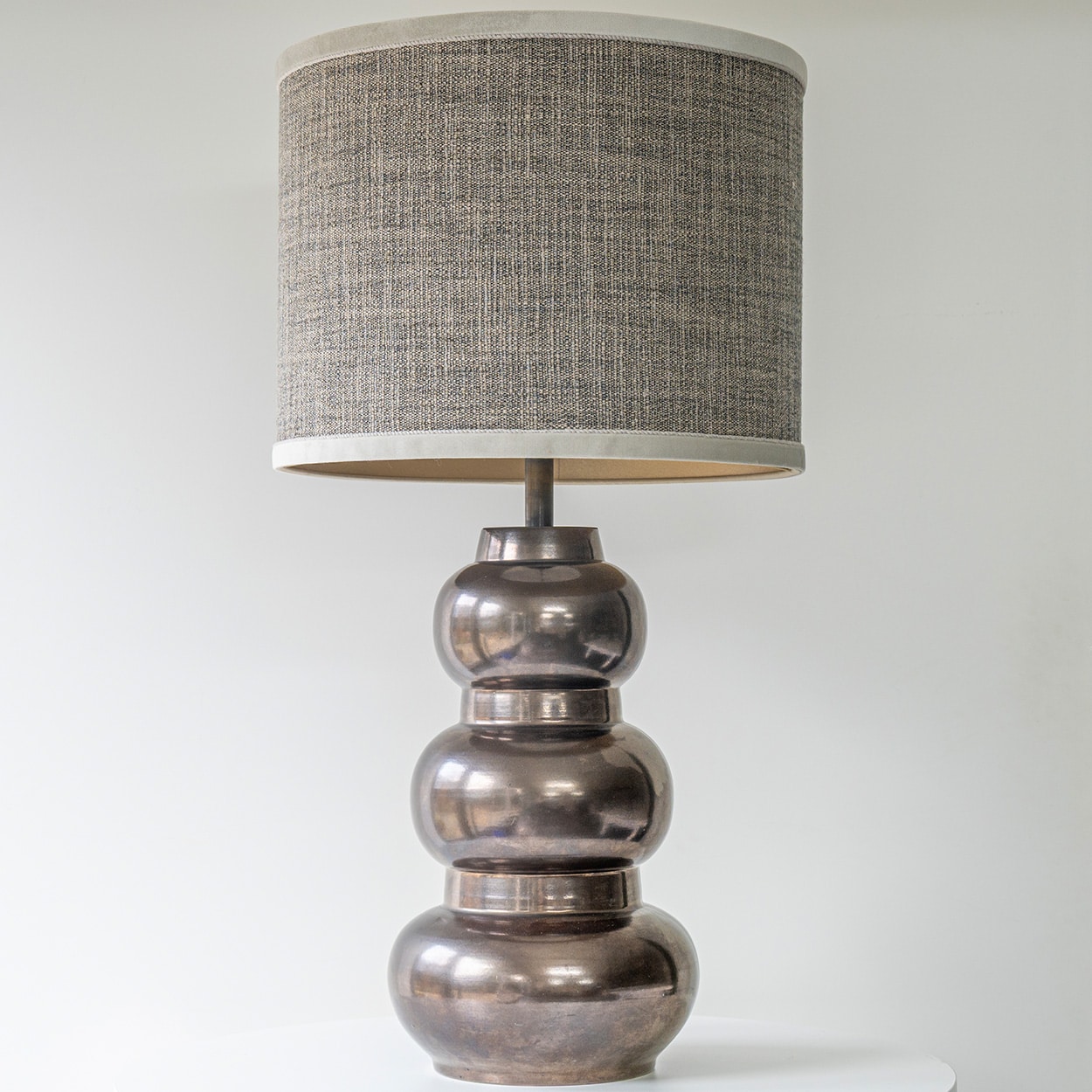 1 of the 2 Tiered Spherical Chrome Floor Lamps, Custom Made Shade by R. Houben