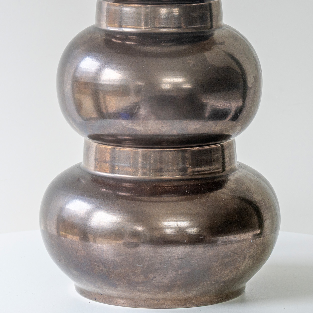 1 of the 2 Tiered Spherical Chrome Floor Lamps, Custom Made Shade by R. Houben