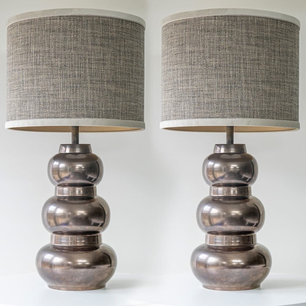 1 of the 2 Tiered Spherical Chrome Floor Lamps, Custom Made Shade by R. Houben