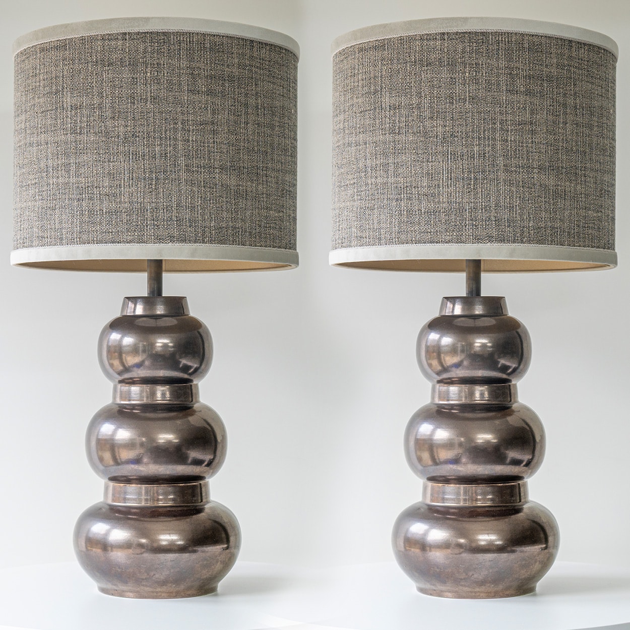 1 of the 2 Tiered Spherical Chrome Floor Lamps, Custom Made Shade by R. Houben