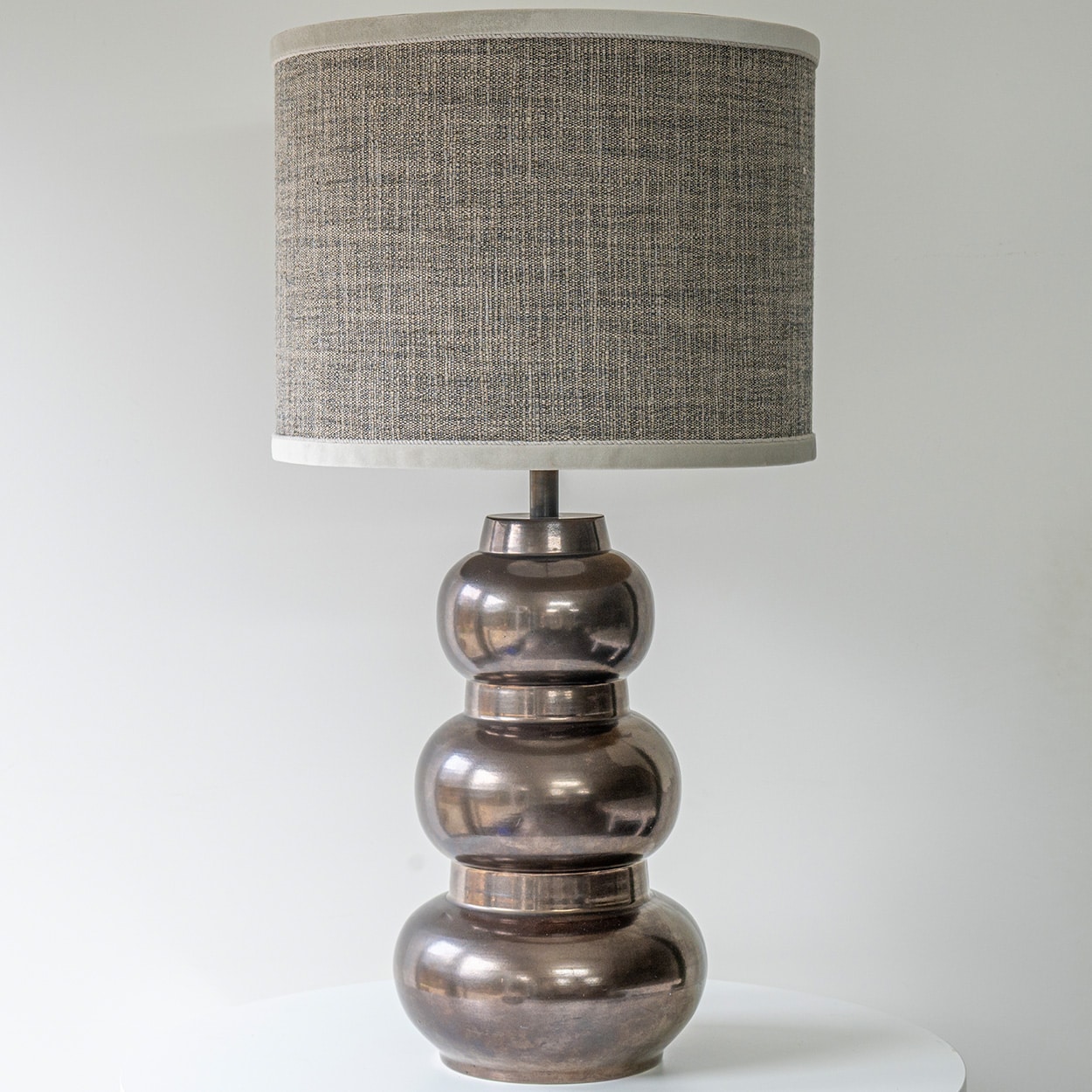 1 of the 2 Tiered Spherical Chrome Floor Lamps, Custom Made Shade by R. Houben