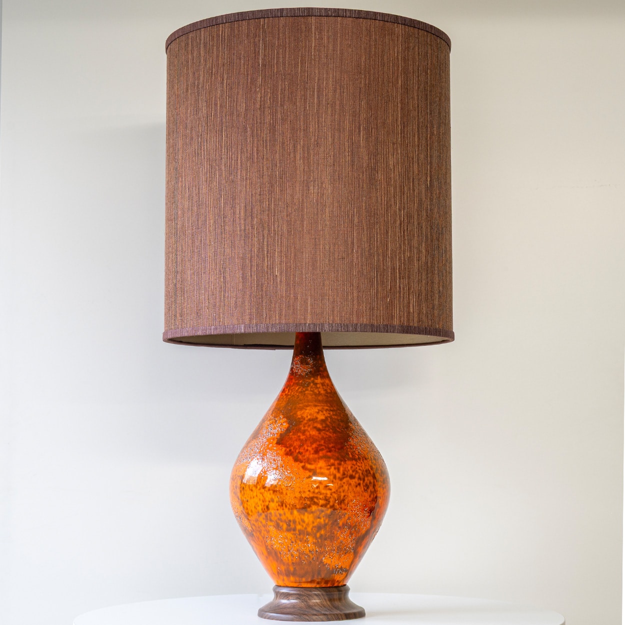 Orange Red Volcanic Glazed Ceramic Floor Lamp, Brown Lampshade by R. Houben