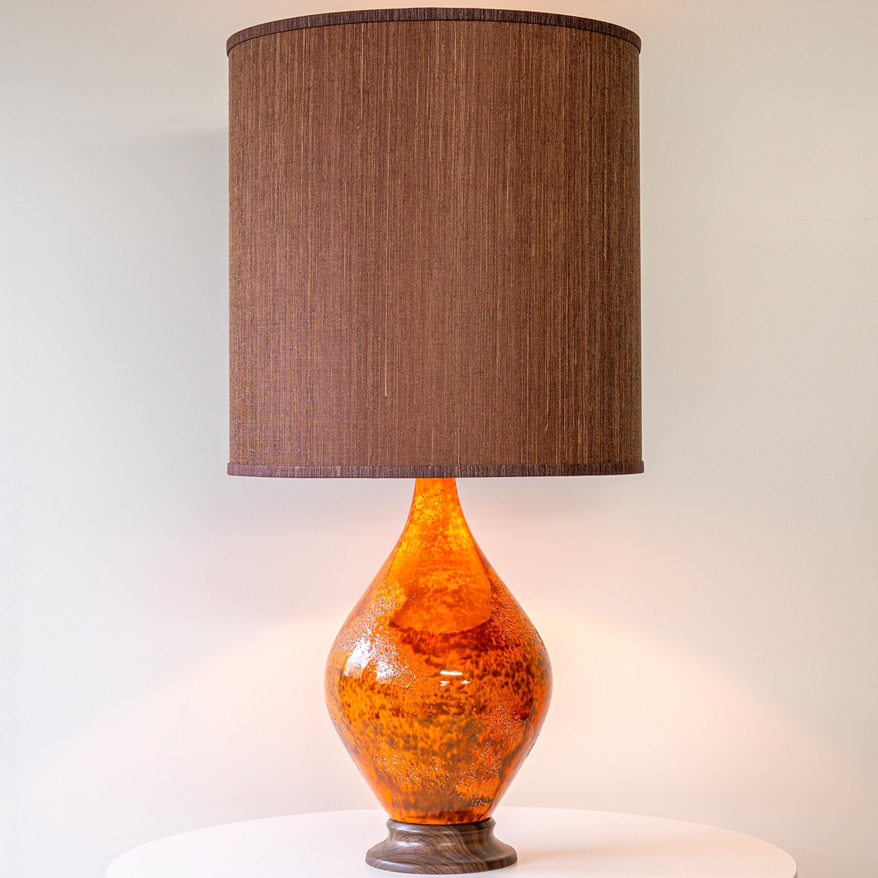 Orange Red Volcanic Glazed Ceramic Floor Lamp, Brown Lampshade by R. Houben