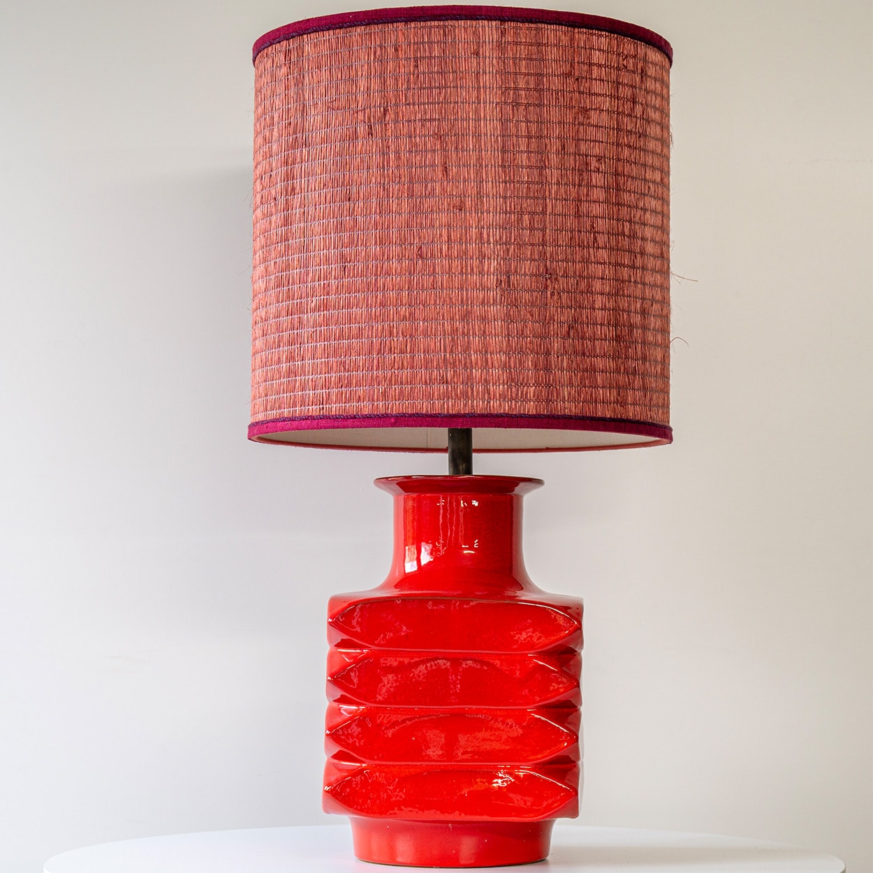 Orange Red Glazed Ceramic Table Lamp, Custom Made Lampshade by R. Houben