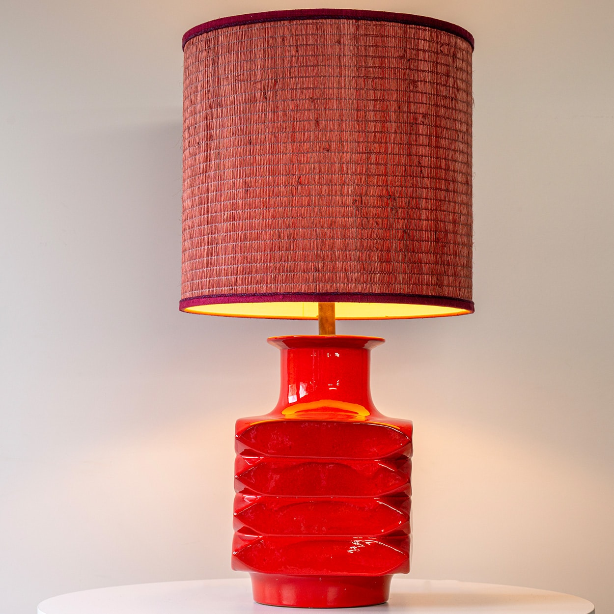 Orange Red Glazed Ceramic Table Lamp, Custom Made Lampshade by R. Houben