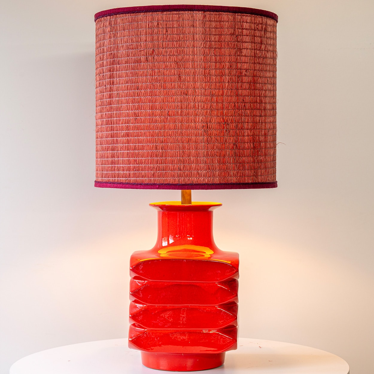 Orange Red Glazed Ceramic Table Lamp, Custom Made Lampshade by R. Houben