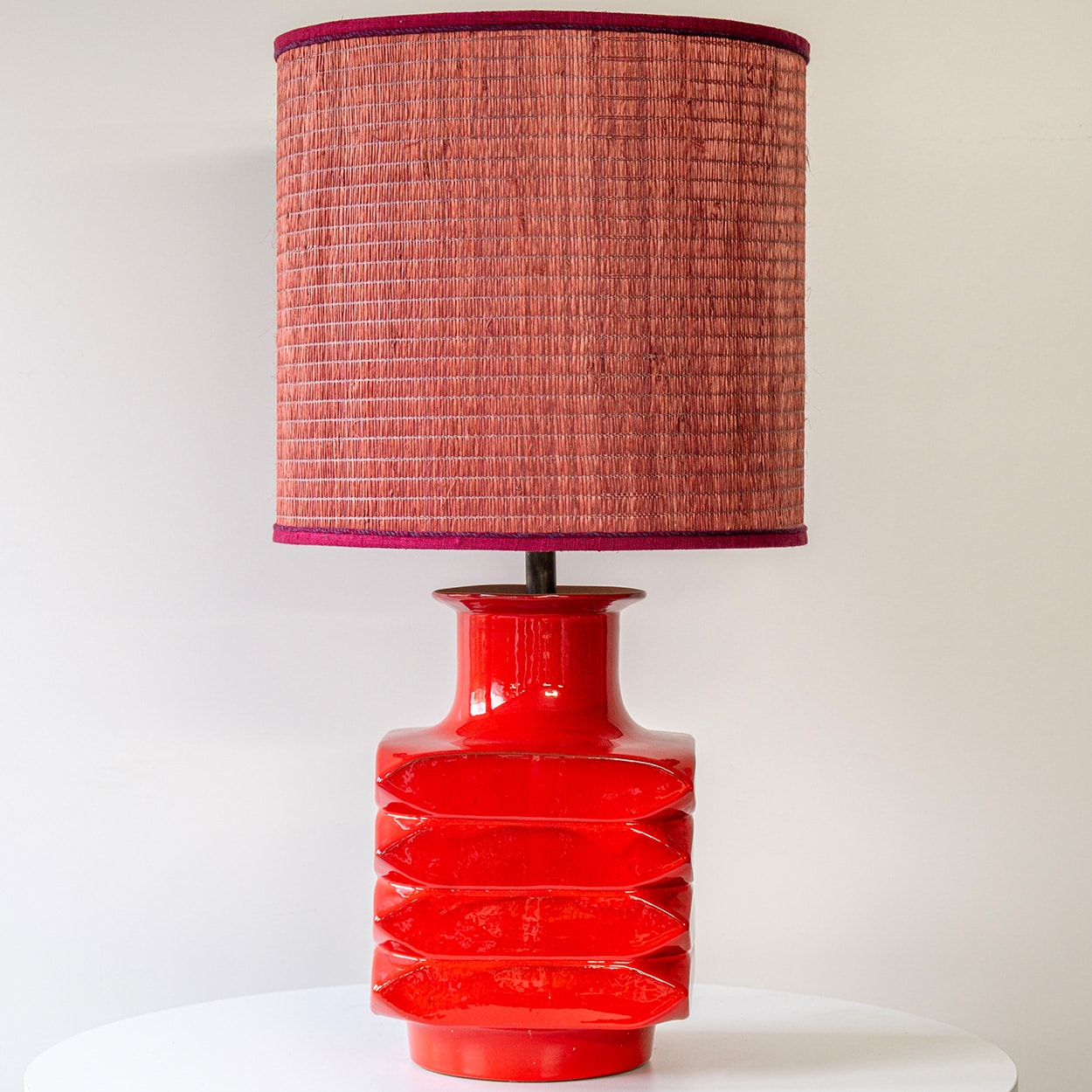 Orange Red Glazed Ceramic Table Lamp, Custom Made Lampshade by R. Houben
