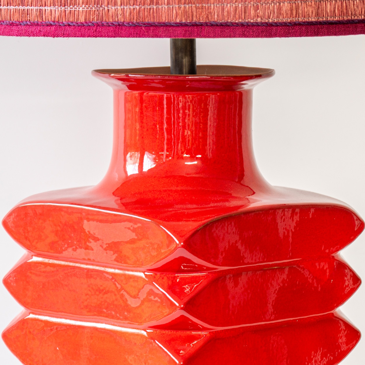 Orange Red Glazed Ceramic Table Lamp, Custom Made Lampshade by R. Houben