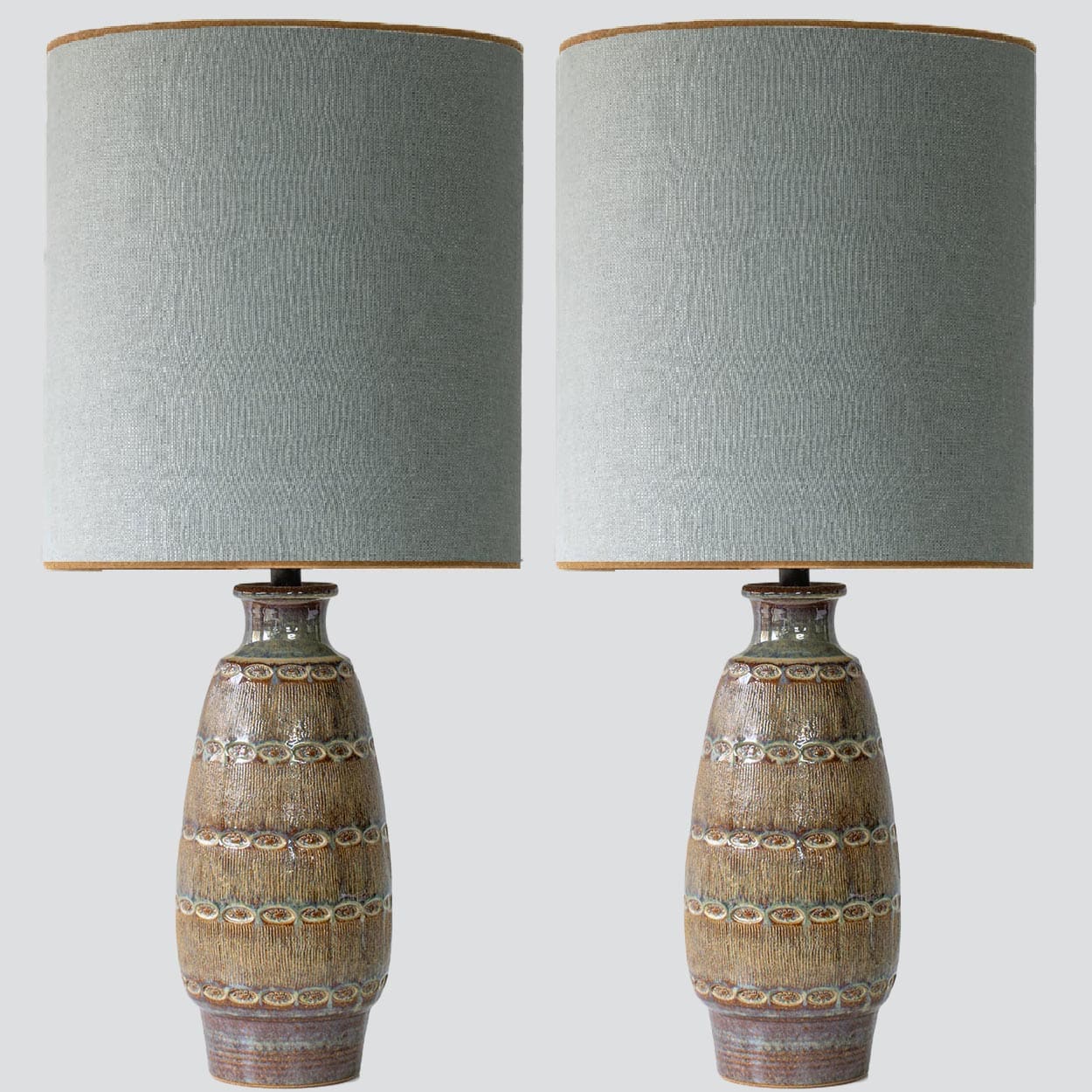 1 of the 2 Ceramic Table Lamps by Soholm, Silk Lampshade, Denmark 1960s