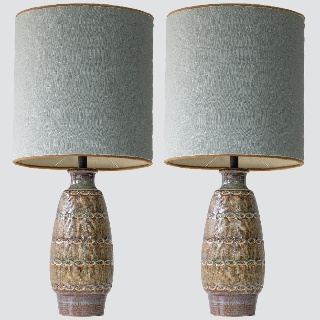 1 of the 2 Ceramic Table Lamps by Soholm, Silk Lampshade, Denmark 1960s