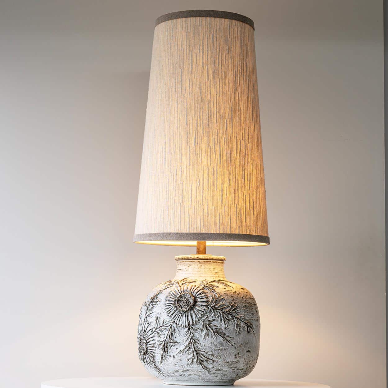 Vaullaris White Lamp with Floral Relief, Custom Made Lampshade by R. Houben