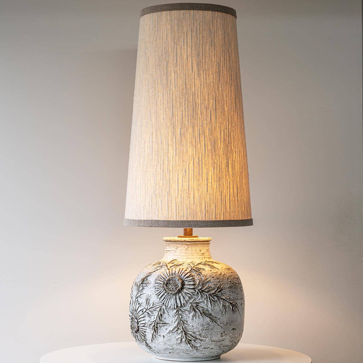Vaullaris White Lamp with Floral Relief, Custom Made Lampshade by R. Houben