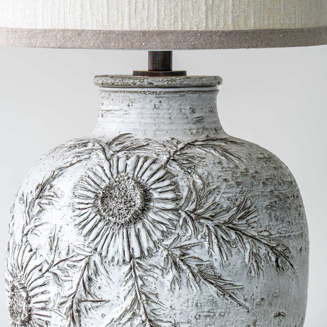 Vaullaris White Lamp with Floral Relief, Custom Made Lampshade by R. Houben