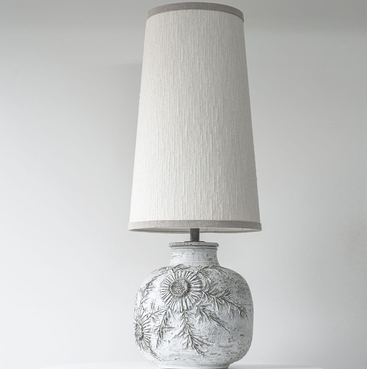 Vaullaris White Lamp with Floral Relief, Custom Made Lampshade by R. Houben