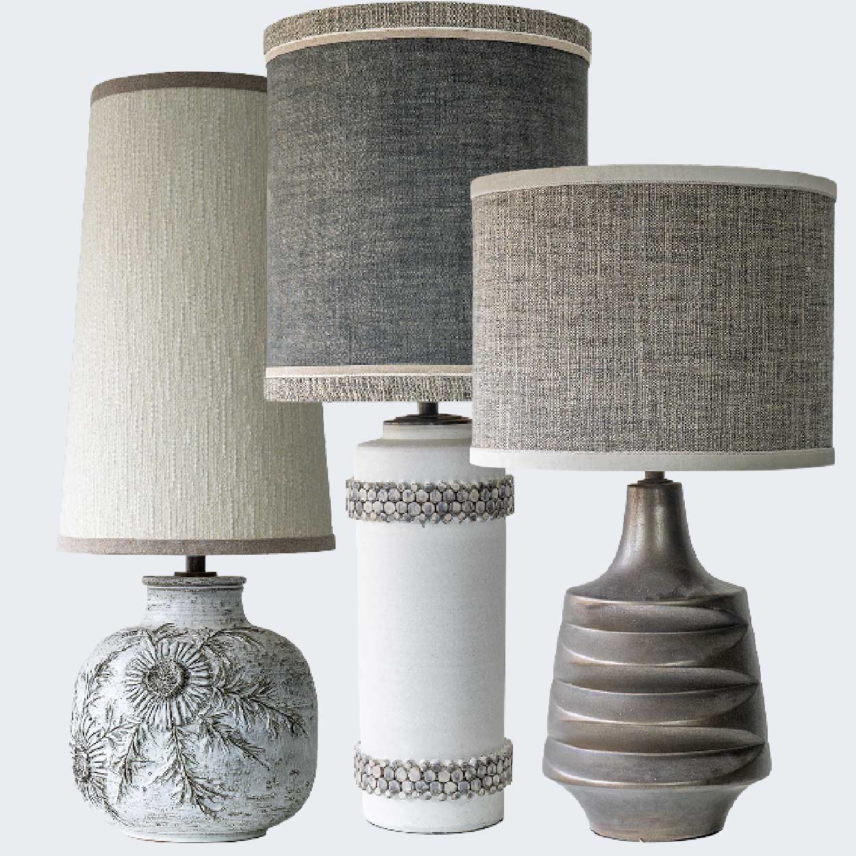 Vaullaris White Lamp with Floral Relief, Custom Made Lampshade by R. Houben