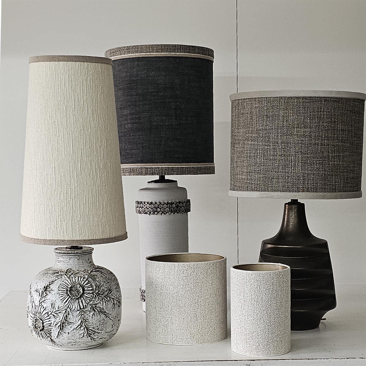 1 of the 3 XXL White Gray Ceramic Lamps with Custom Lampshade by R. Houben