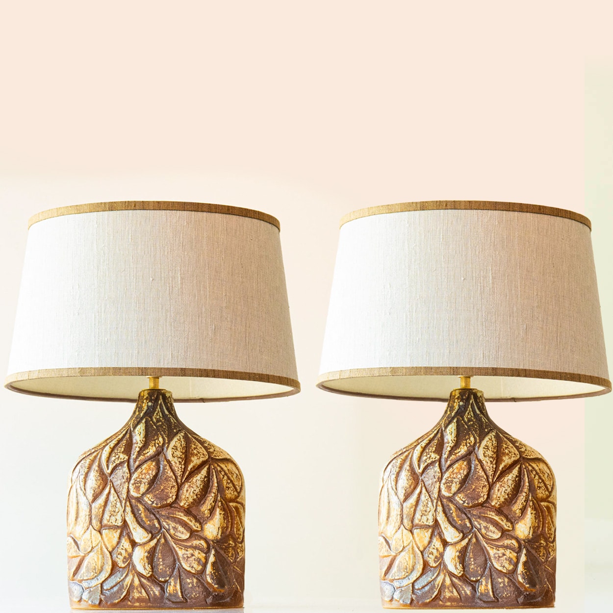 1 of the 2 Brown Leafs Ceramic Table Lamps by Soholm, Custom Shade by R. Houben