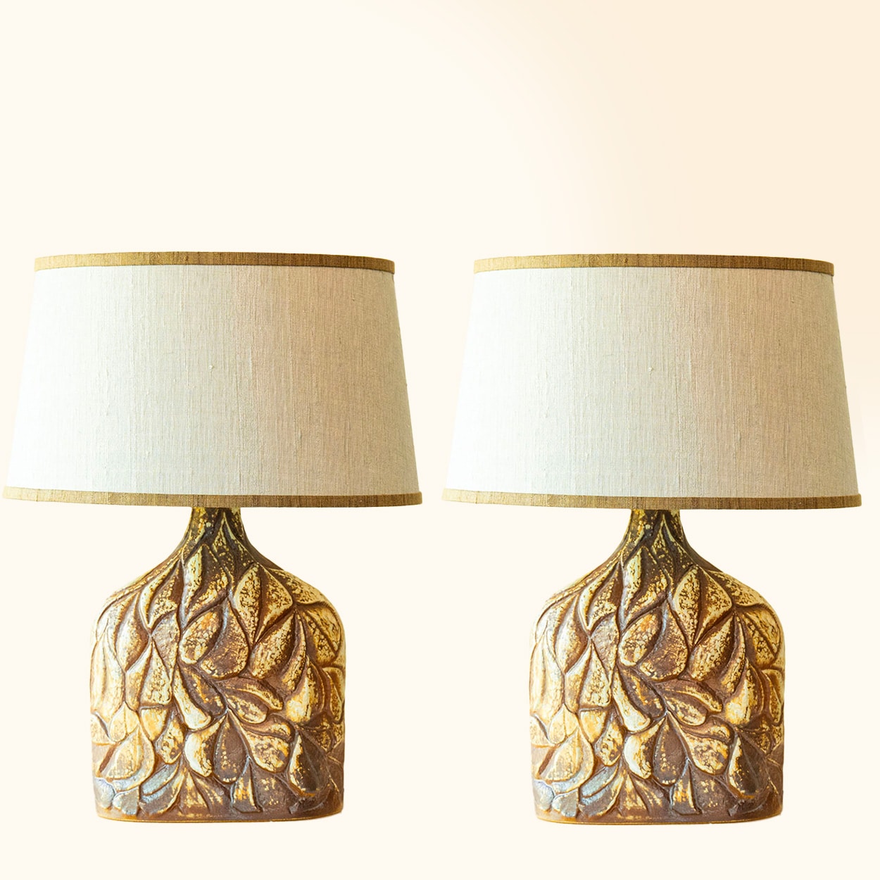 1 of the 2 Brown Leafs Ceramic Table Lamps by Soholm, Custom Shade by R. Houben