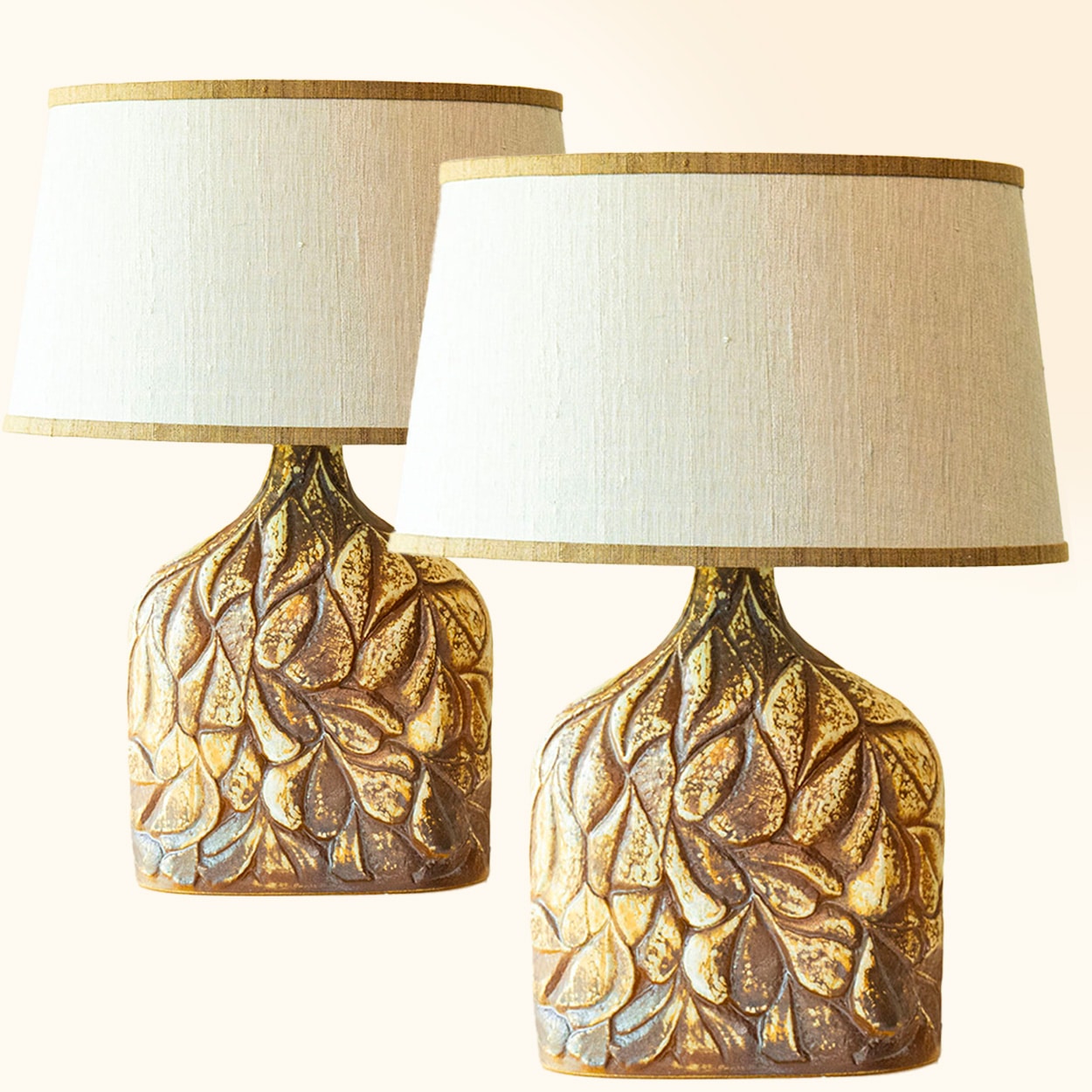 1 of the 2 Brown Leafs Ceramic Table Lamps by Soholm, Custom Shade by R. Houben