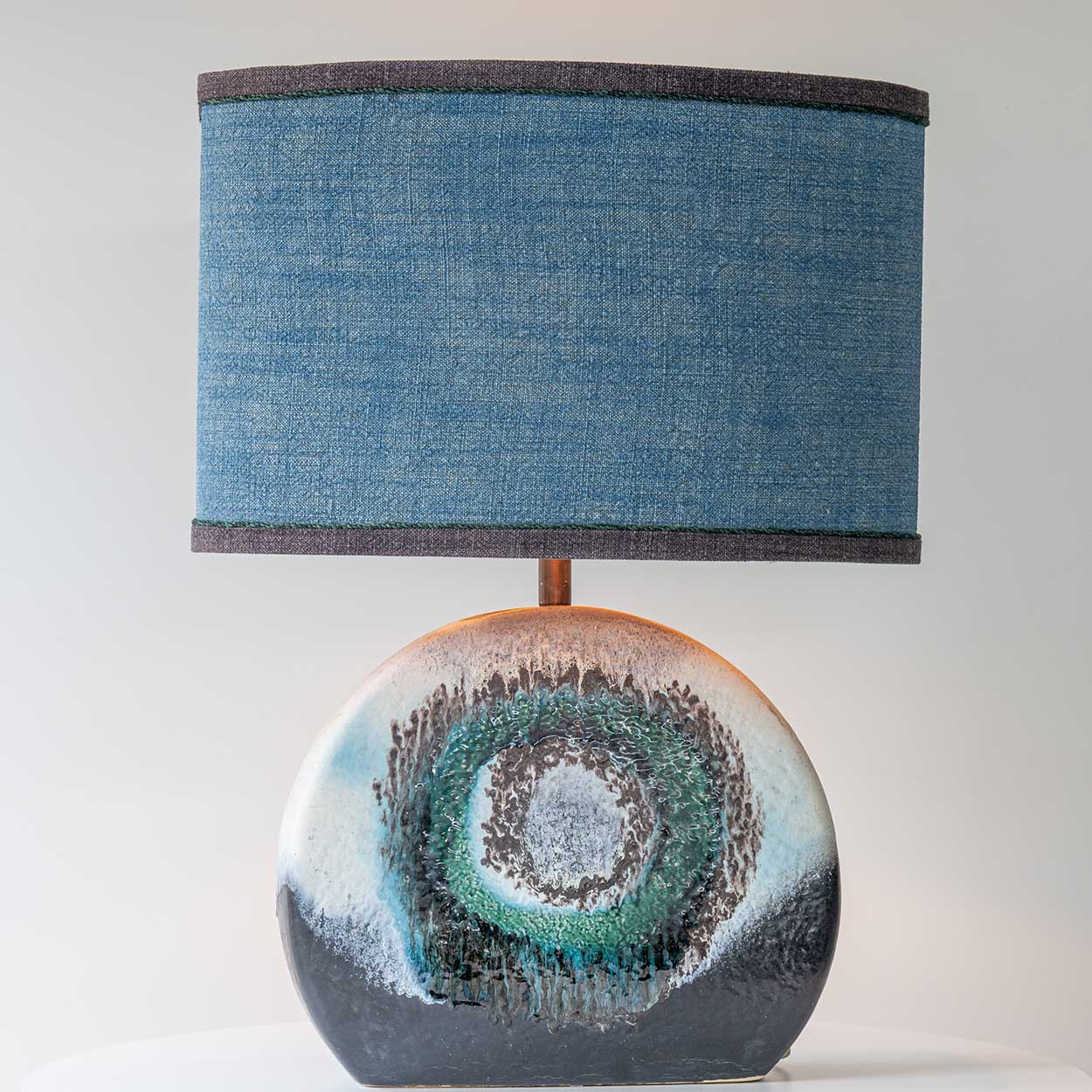 Large Blue Teal Glazed Ceramic Lamp, Custom Made Blue Lampshade by R. Houben