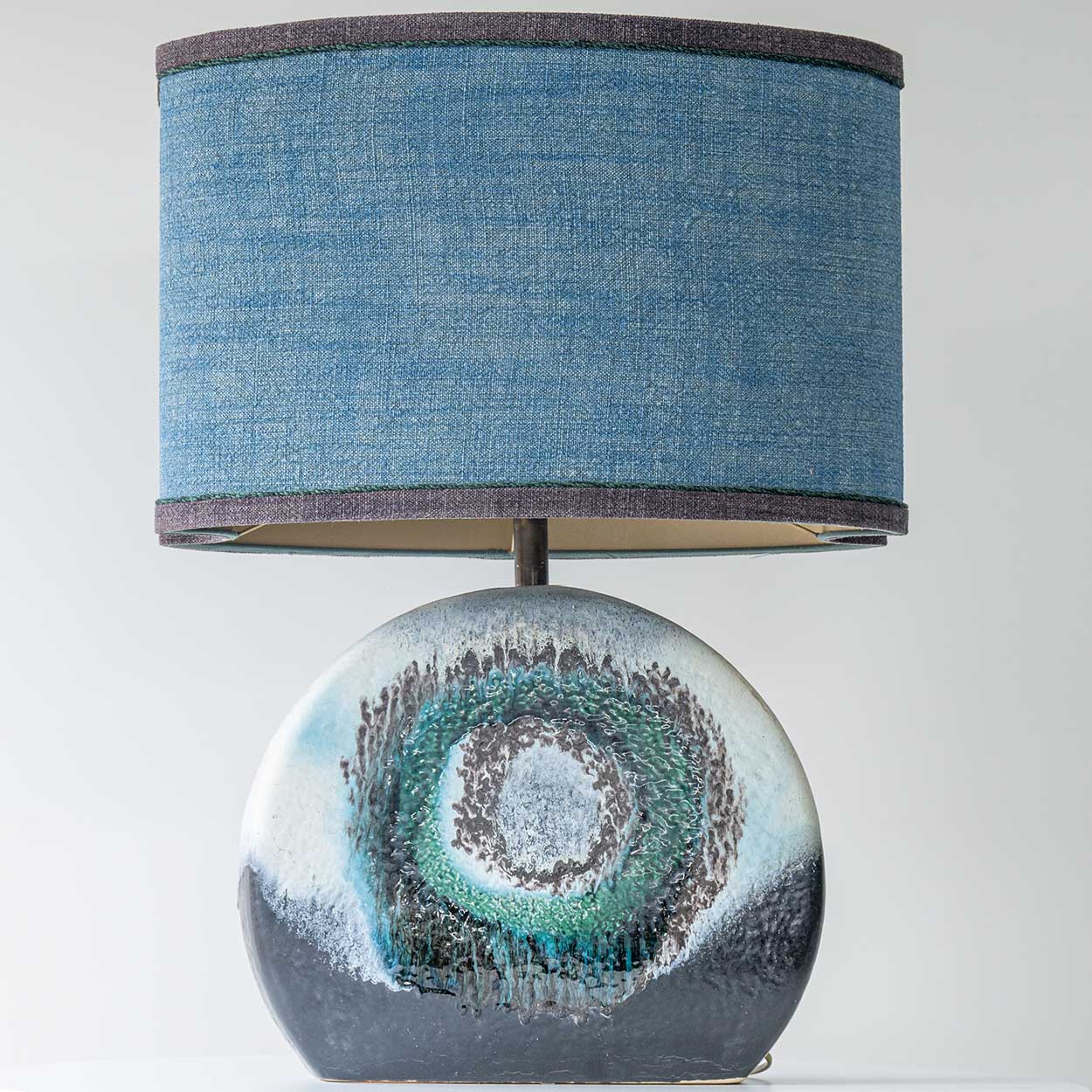 Large Blue Teal Glazed Ceramic Lamp, Custom Made Blue Lampshade by R. Houben