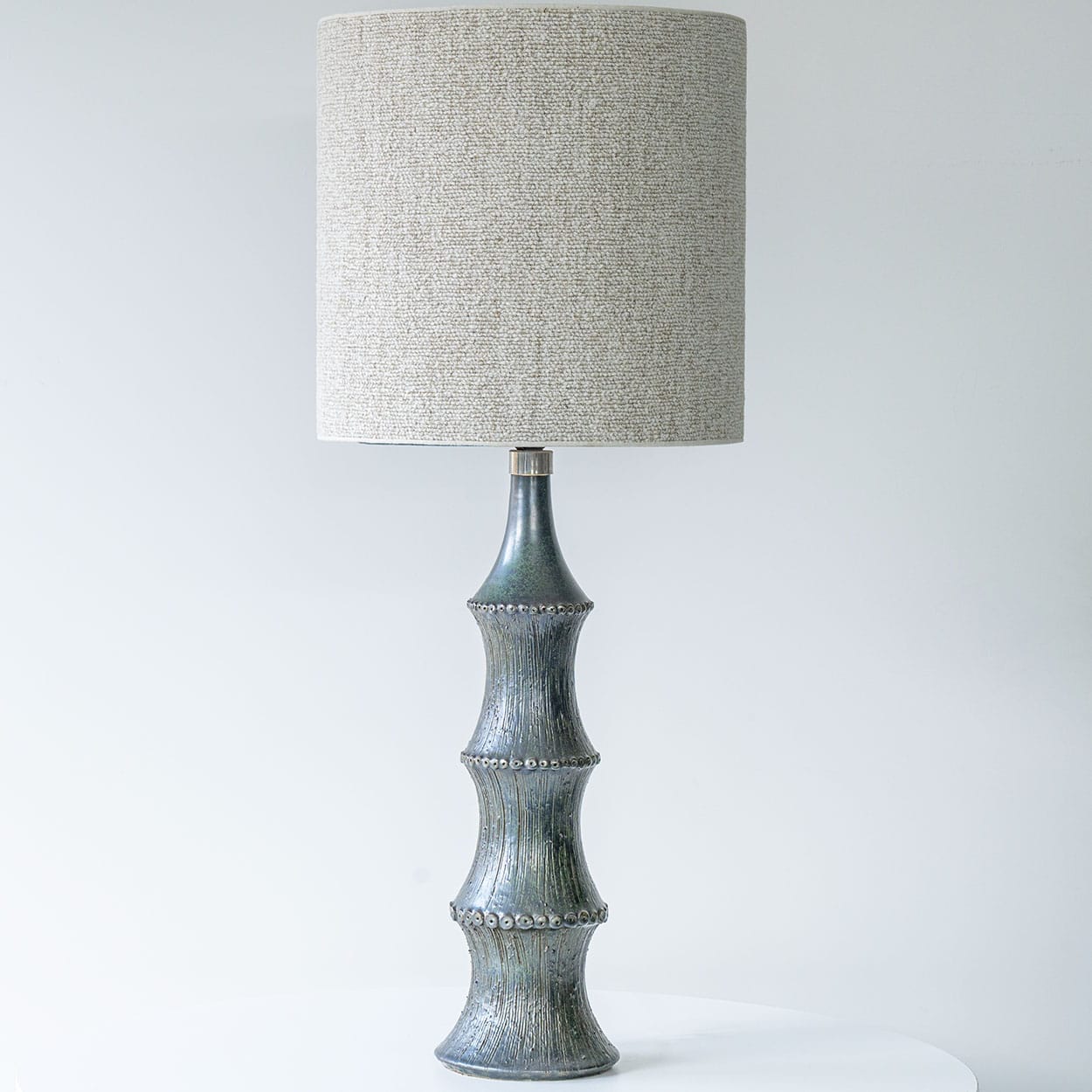 Metallic Look Ceramic Table Lamp, Custom Made Bouclé Lampshade by R. Houben