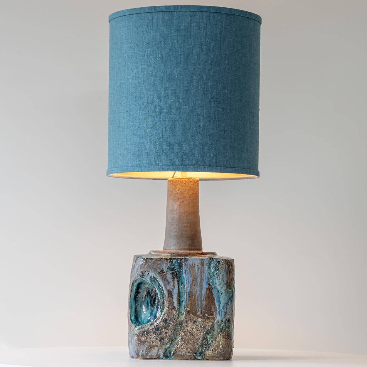 Blue Marbled Glazed Ceramic Table Lamp, Custom Made Blue Lampshade by R. Houben