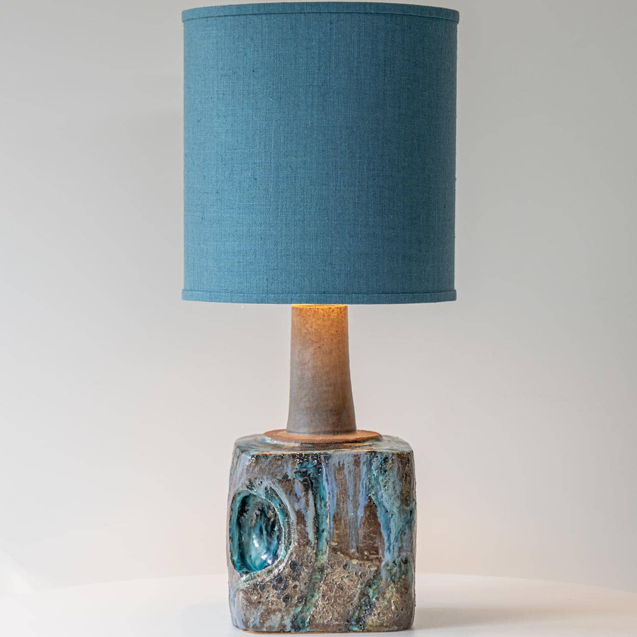 Blue Marbled Glazed Ceramic Table Lamp, Custom Made Blue Lampshade by R. Houben