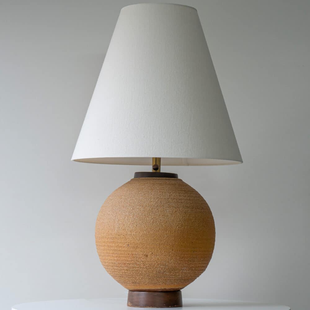 Ceramic Sand and Walnut Wood Lamp, Neutral Custom Lampshade by R. Houben
